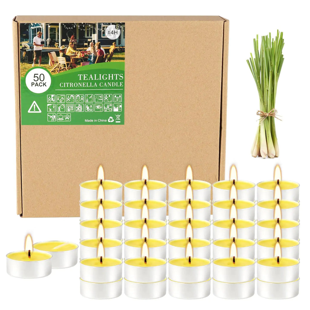 Yellow Tea Lights Candle Bulk 4 Hours Dripless Smokeless Citronella Candles for Home Garden Patio Yard Balcony Backyard - 50 Pack