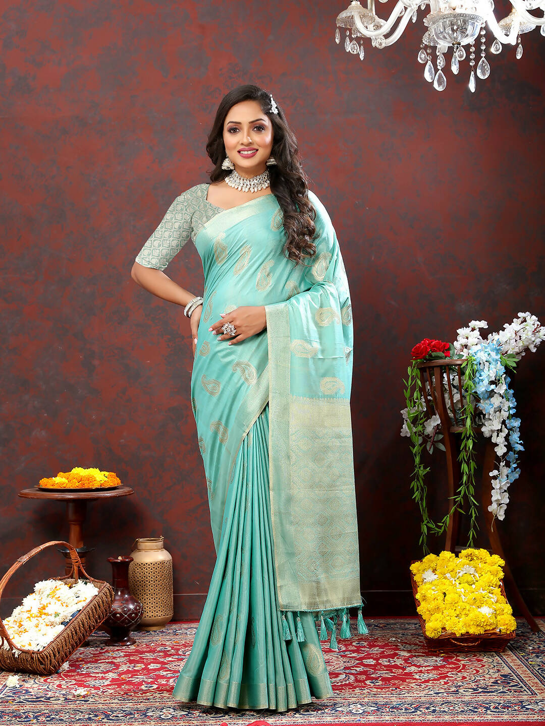 Lorenvalley Fashion Skyblue Cotton Woven Design with Zari Weaving Design Saree