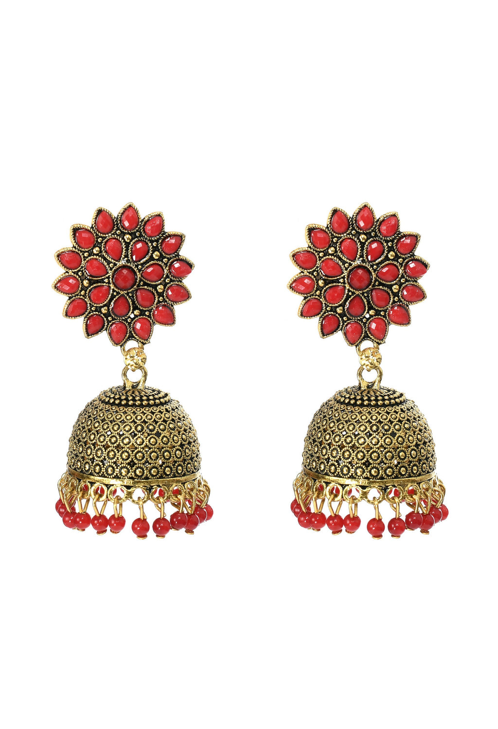 Dista Joharkamal Kundan Jhumka earrings in gold-plated brass with decorative red beads