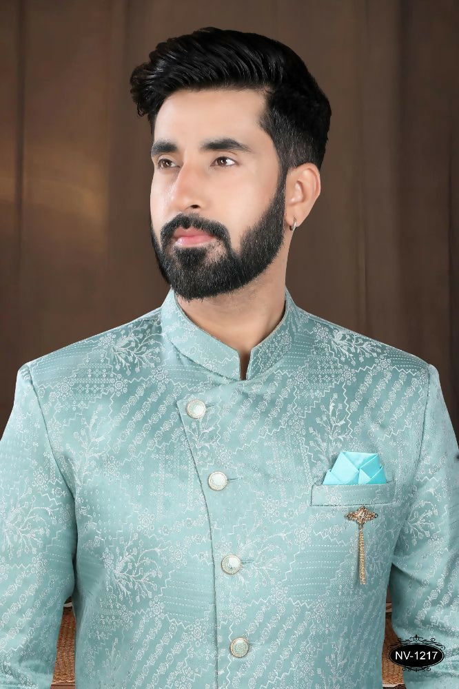 Blue Woven Jacquard Kurta with Pyjama Set for Toddler Boys