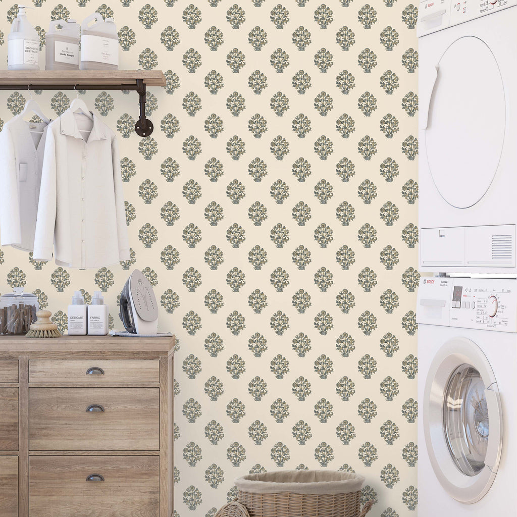 Anastasia floral wallpaper in cream and sage-green