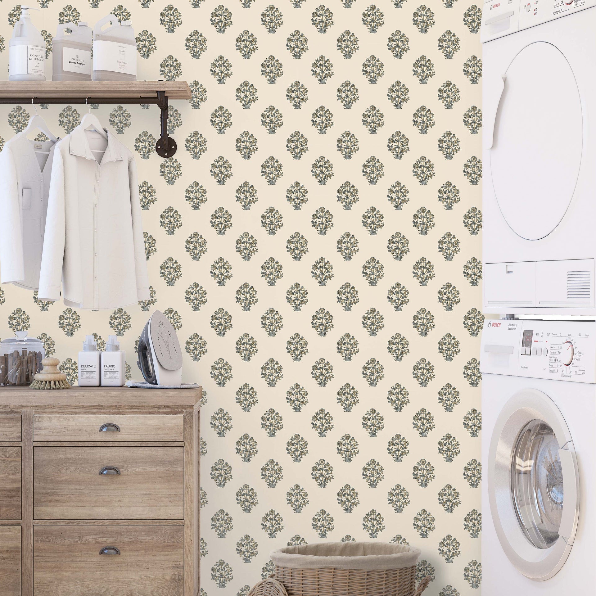 Anastasia floral wallpaper in cream and sage-green
