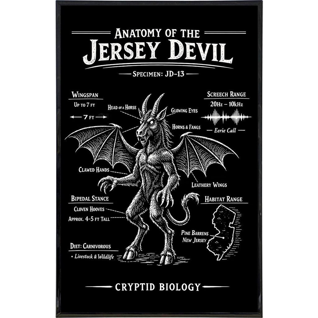 Anatomy of the Jersey Devil black and white minimalist wall art print with cryptid biology details.