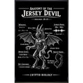Anatomy of the Jersey Devil black and white minimalist wall art print with cryptid biology details.