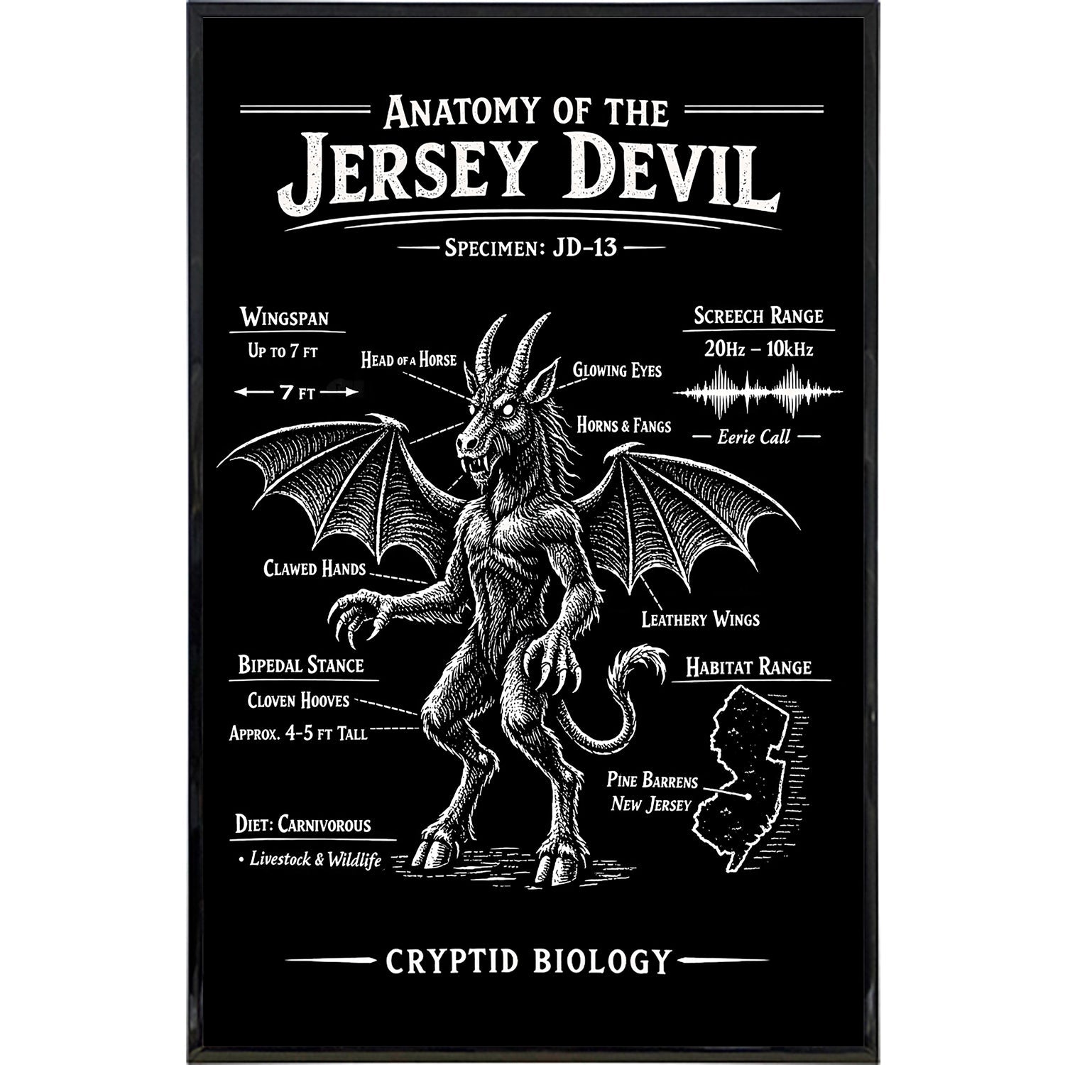 Anatomy of the Jersey Devil black and white minimalist wall art print with cryptid biology details.