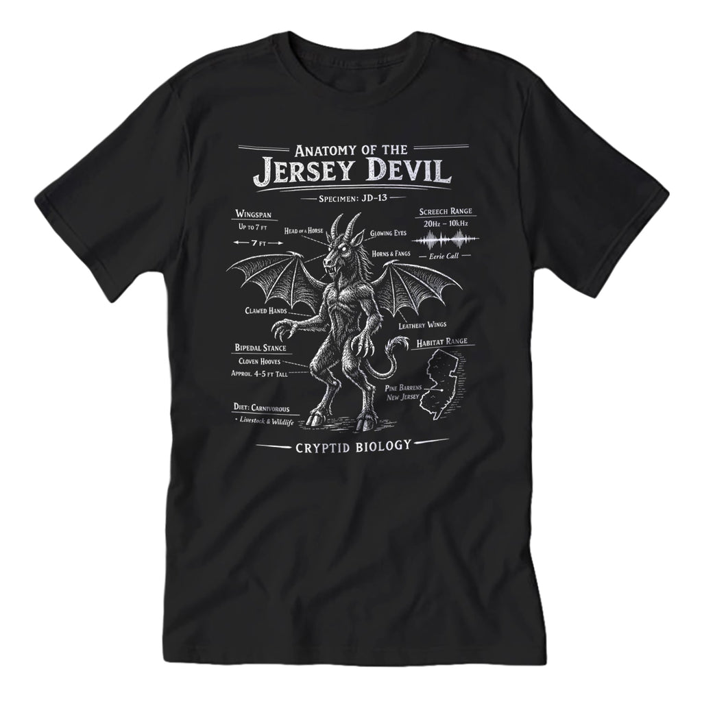 Anatomy of the Jersey Devil graphic t-shirt featuring a scientific diagram of the Pine Barrens legend.