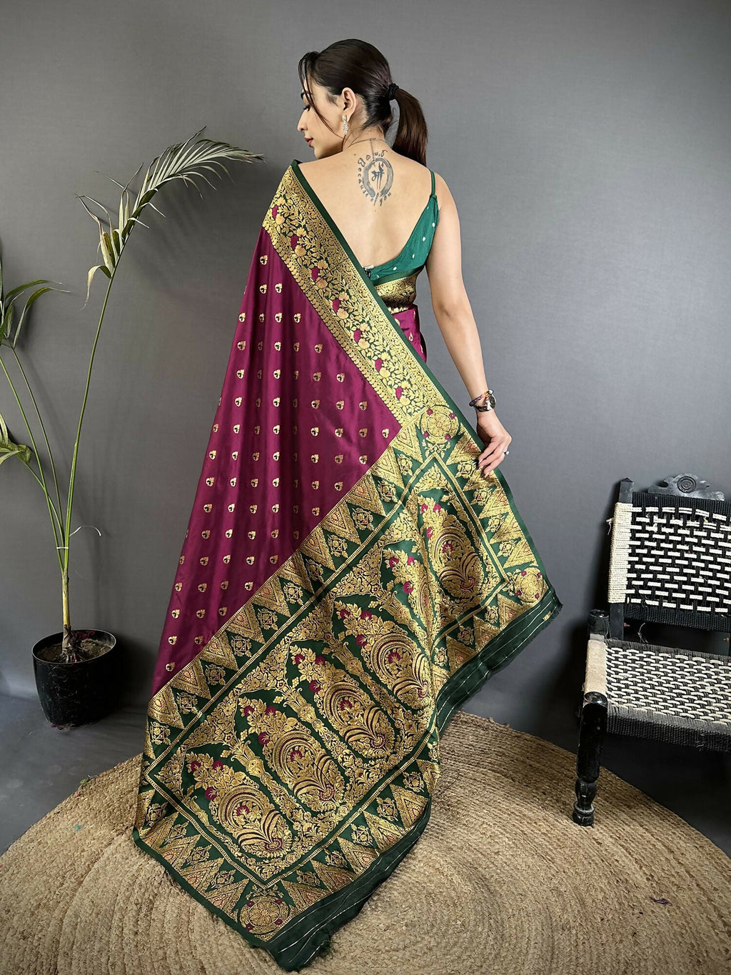Wine Soft Silk Banarasi Saree with Intricate Motifs and Green Blouse