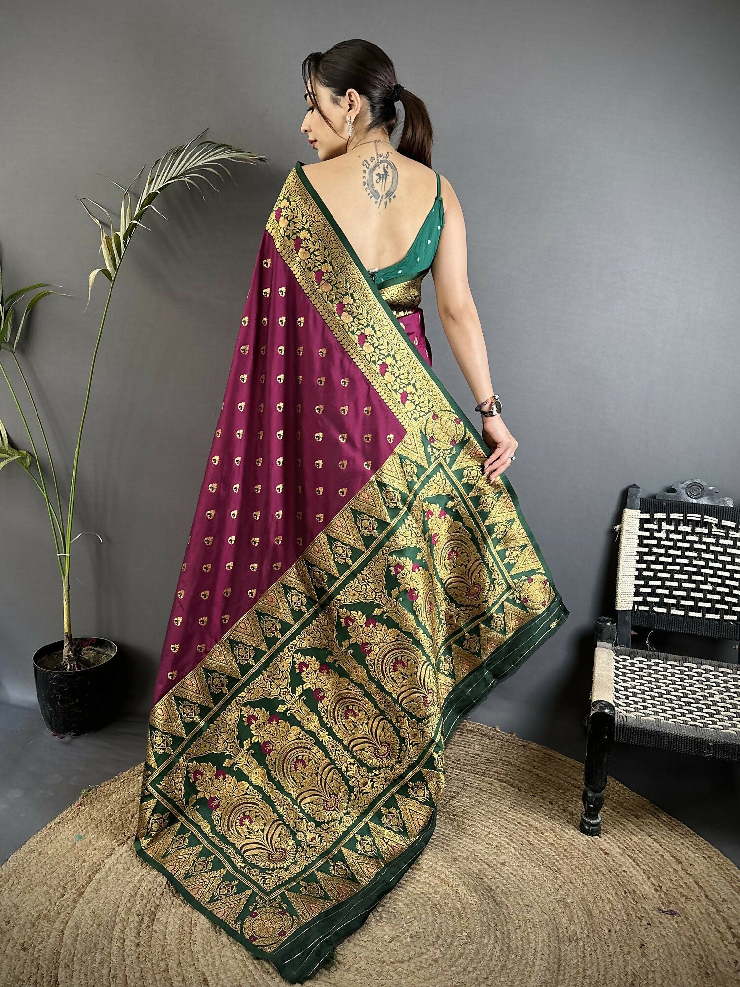 Wine Soft Silk Banarasi Saree with Intricate Motifs and Green Blouse