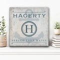 Customized family name anchor monogram wall sign with navy and white coastal aesthetic.