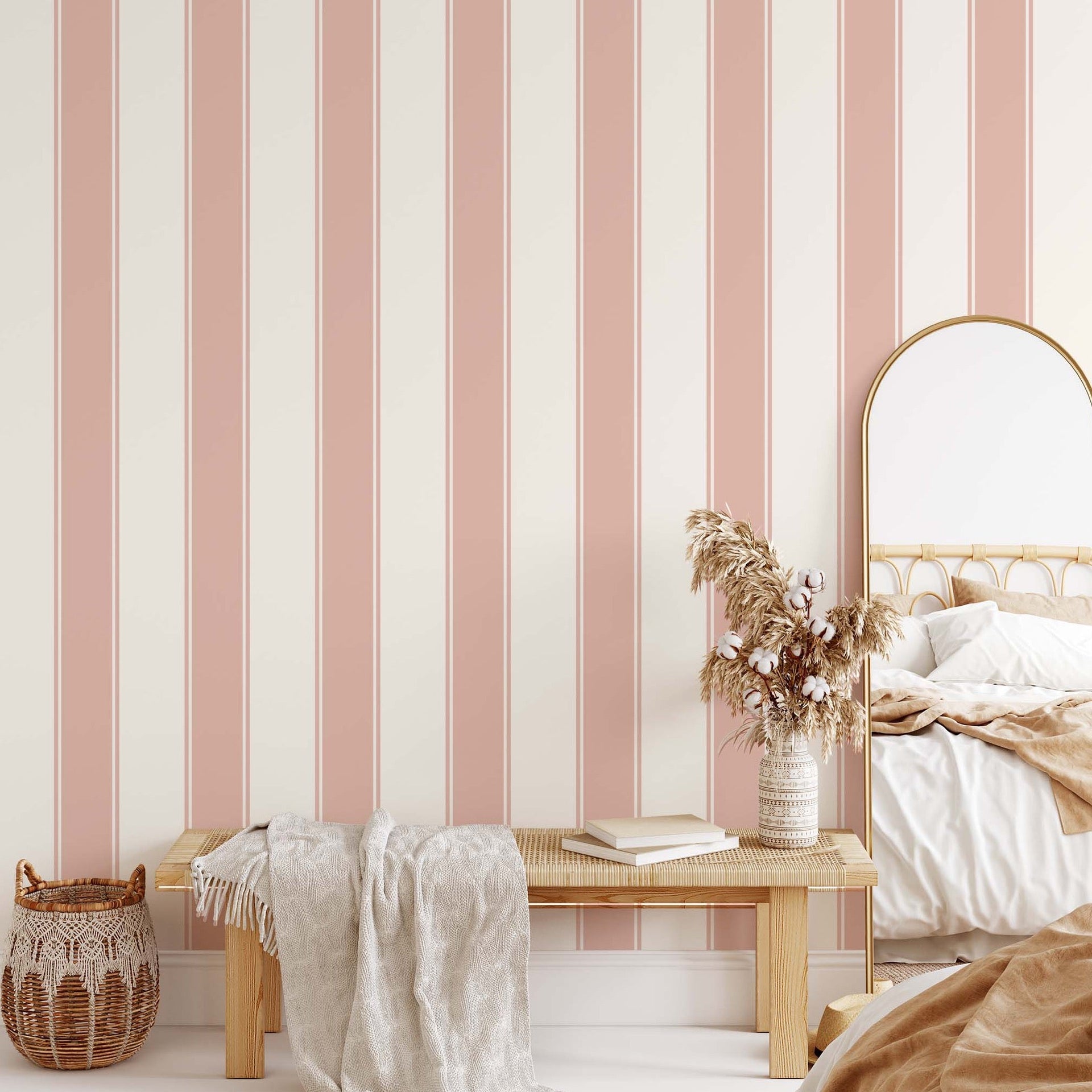 Andy Striped Removable Wallpaper in Blue, White, Pink and Cream