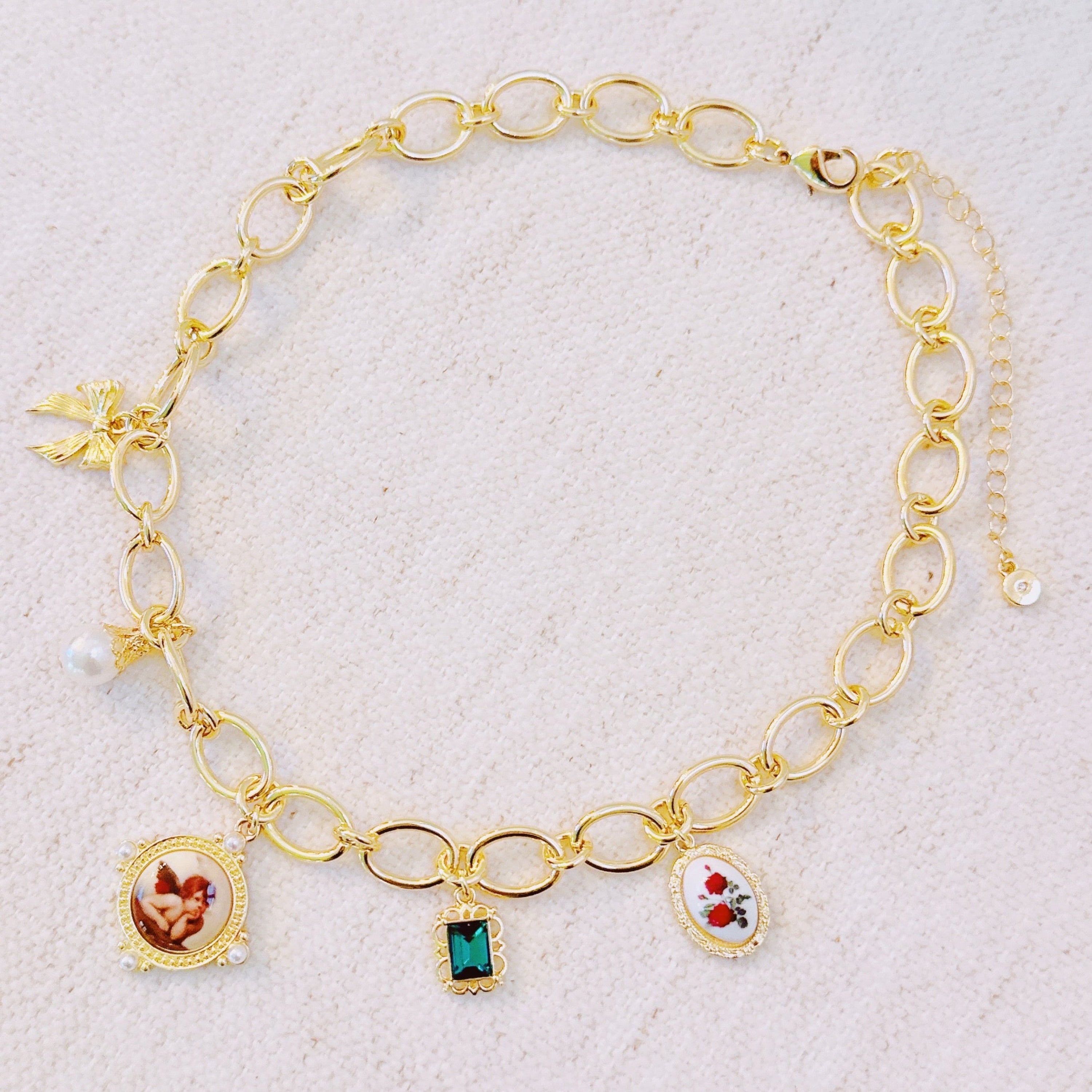 Angel & Rose Charm Necklace – Bold Gold Chain with Whimsical Vintage-Inspired Accents