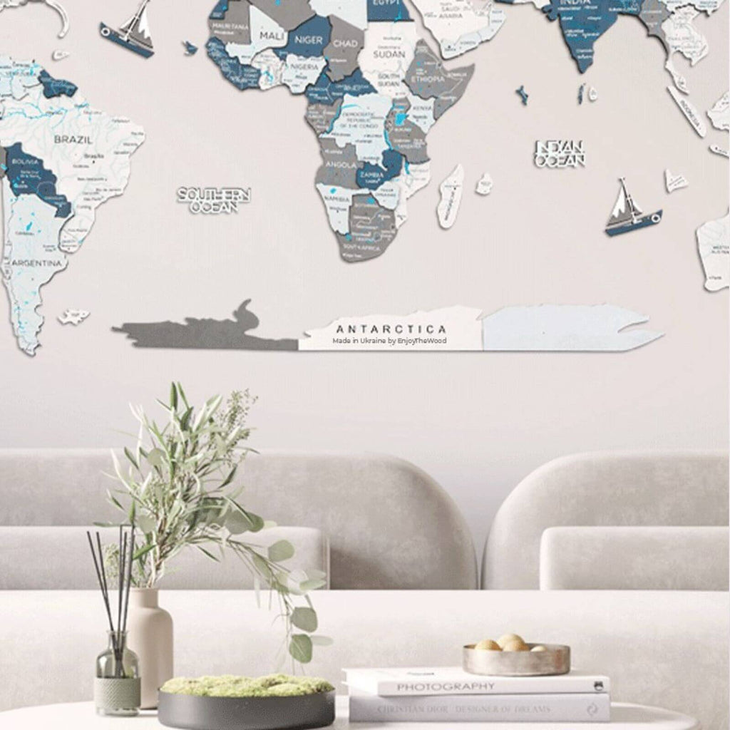 Antarctica Wooden Wall Art Map, Modern Monochrome Decor for Office