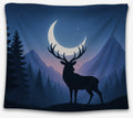 Antlers of the Moon tapestry featuring a deer silhouette under a crescent moon and stars in navy and pale-pink.