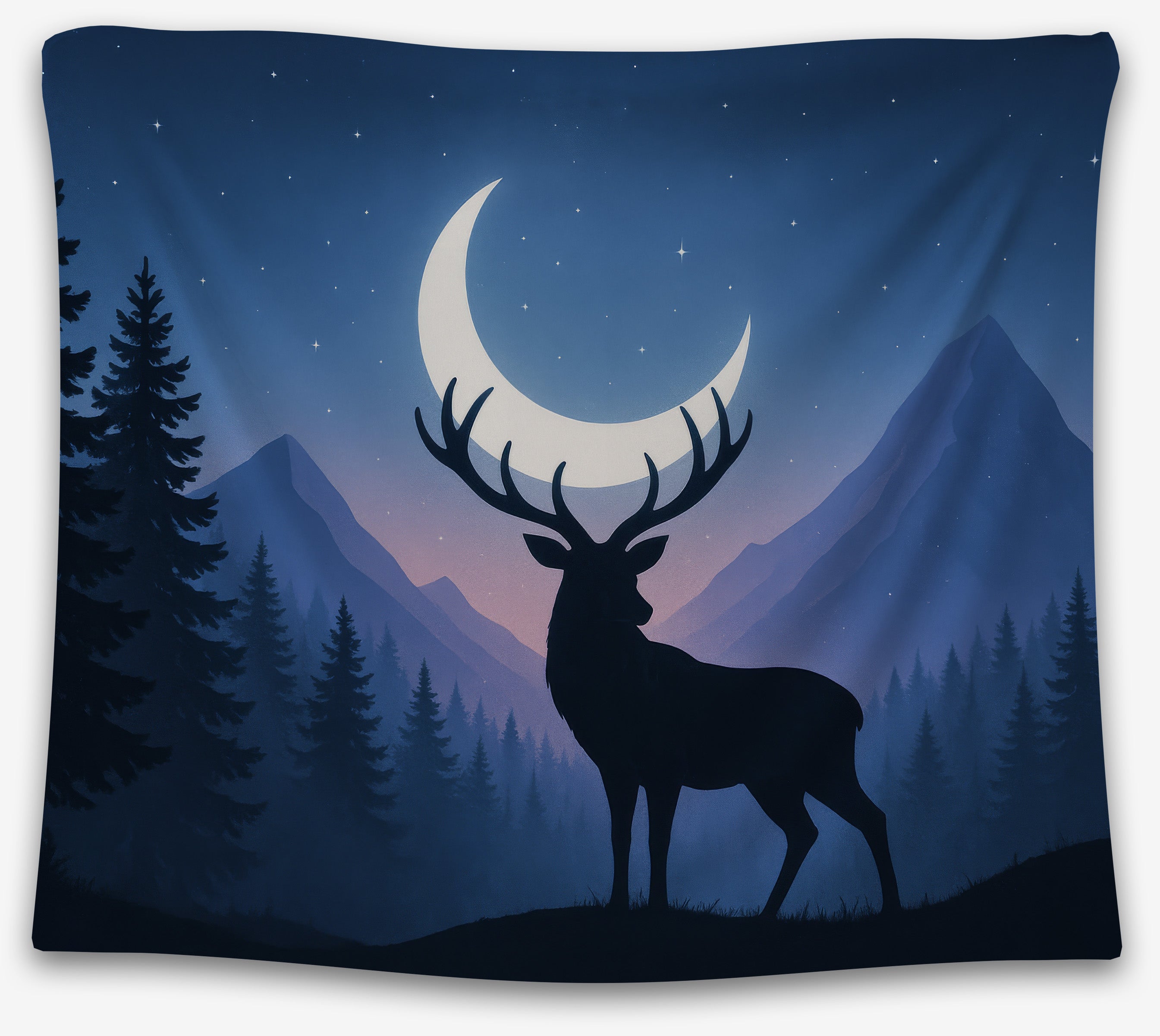 Antlers of the Moon tapestry featuring a deer silhouette under a crescent moon and stars in navy and pale-pink.