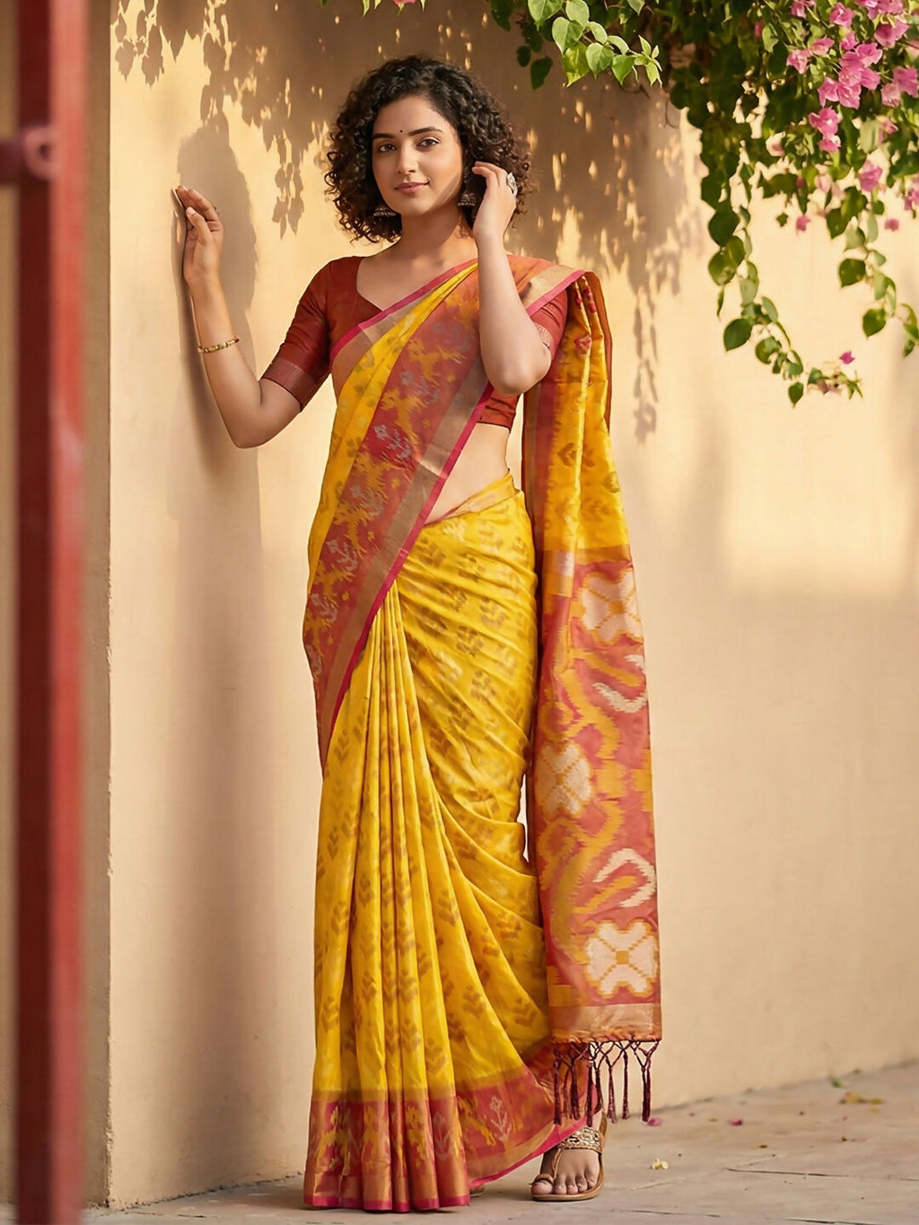 Yellow Pochampally Silk Saree with Coordinating Blouse Piece