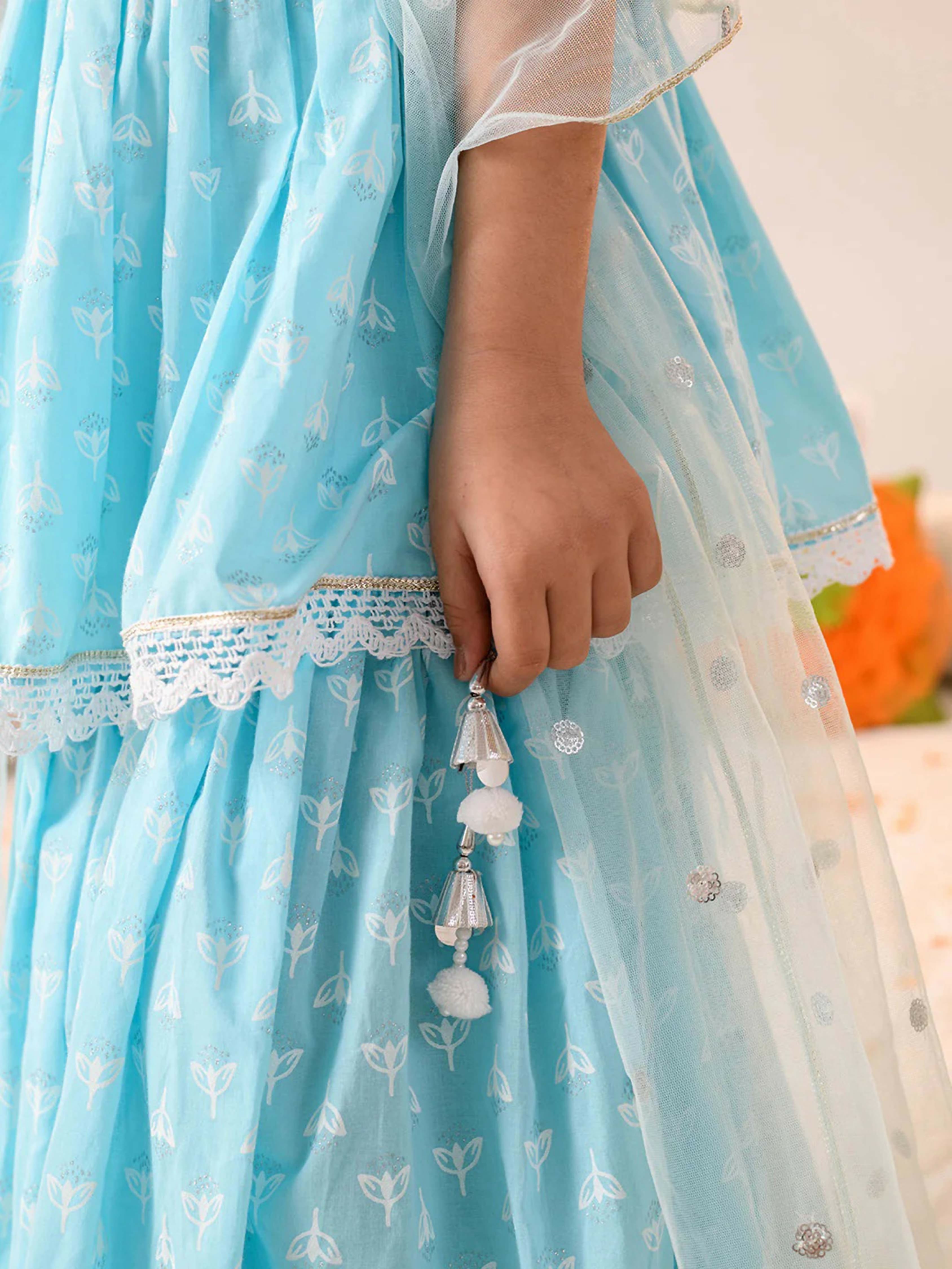 Girl's Sky Blue Lehenga Choli Set - Lightweight Pure Cotton Ethnic Wear