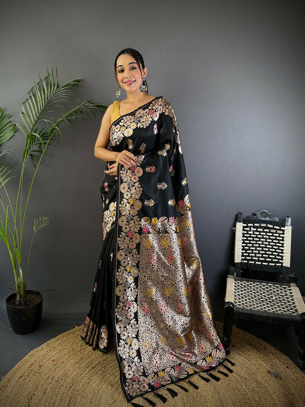 Black Meenakari woven soft silk saree with traditional intricate patterns