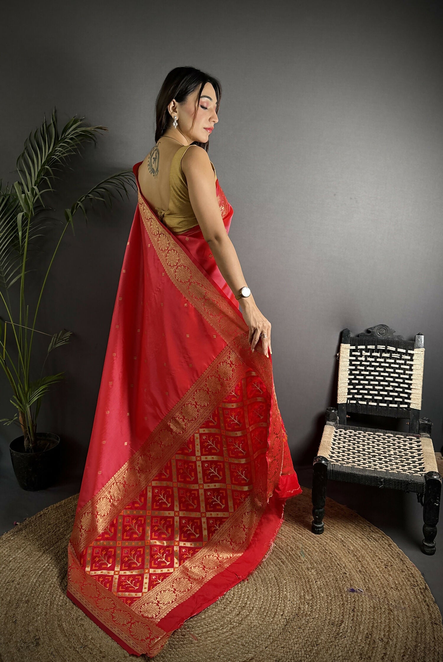 Joban Fashion Red Banarasi Cotton Silk Woven Saree