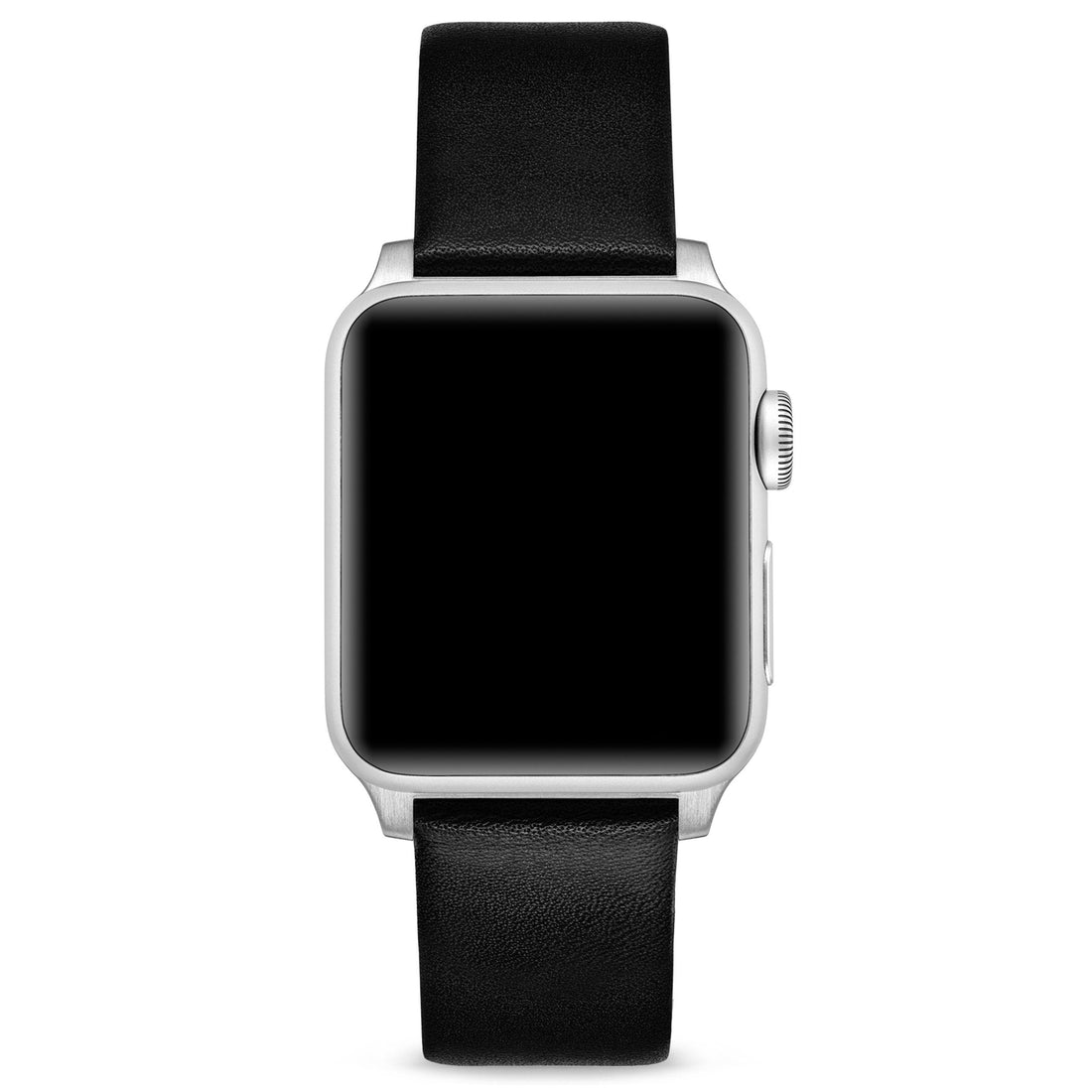Close up of a premium brown leather Apple Watch band with silver stainless steel lugs and buckle.