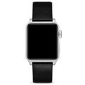 Close up of a premium brown leather Apple Watch band with silver stainless steel lugs and buckle.