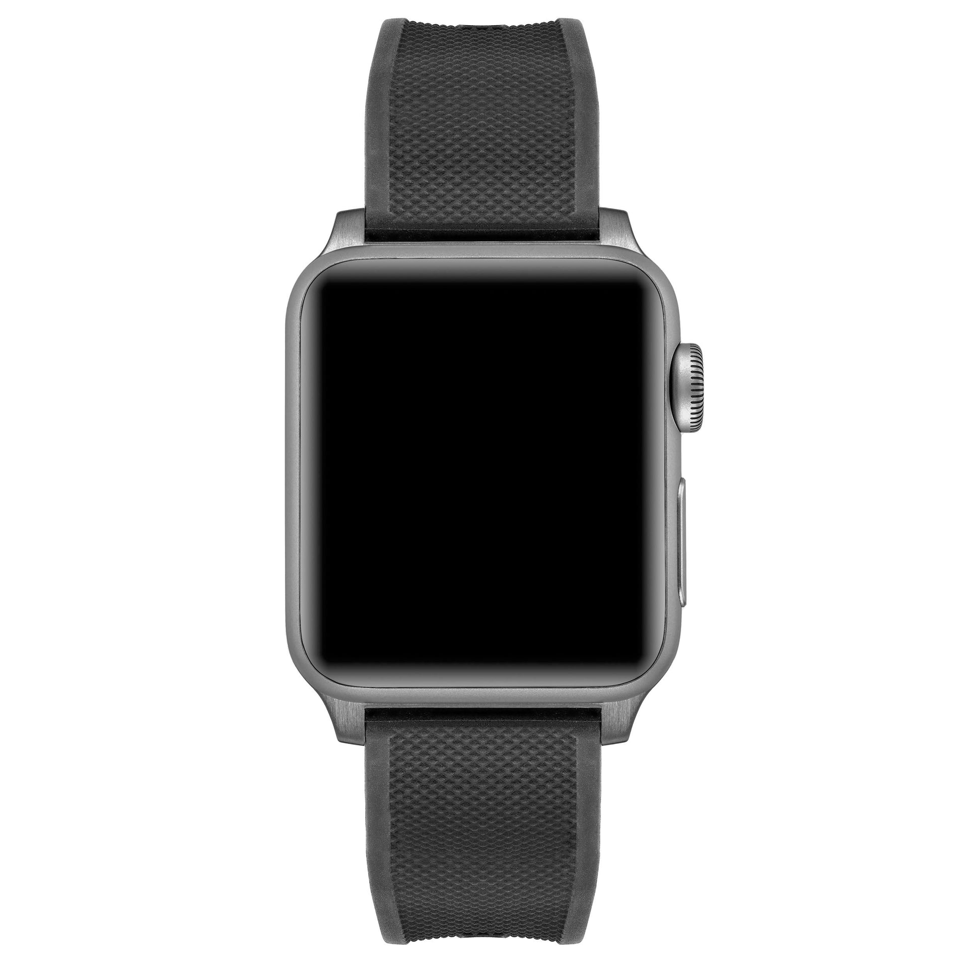 Close up of silicone Apple Watch band in 41/42mm size with graphite stainless steel buckle