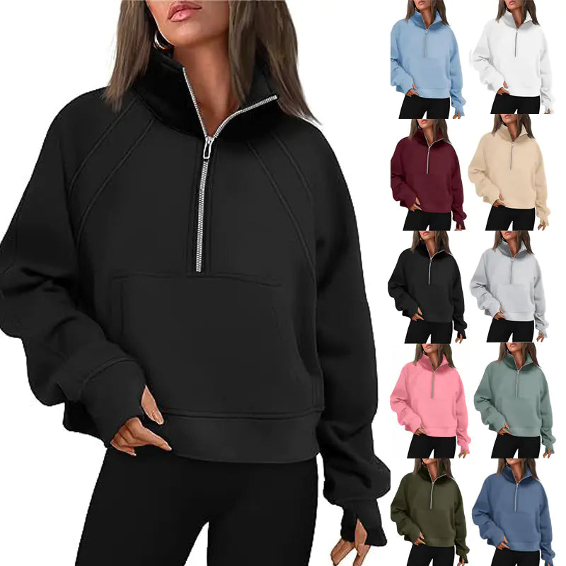 Women's Half Zipper Plush Stand-Up Collar Sweatshirt - Image 9