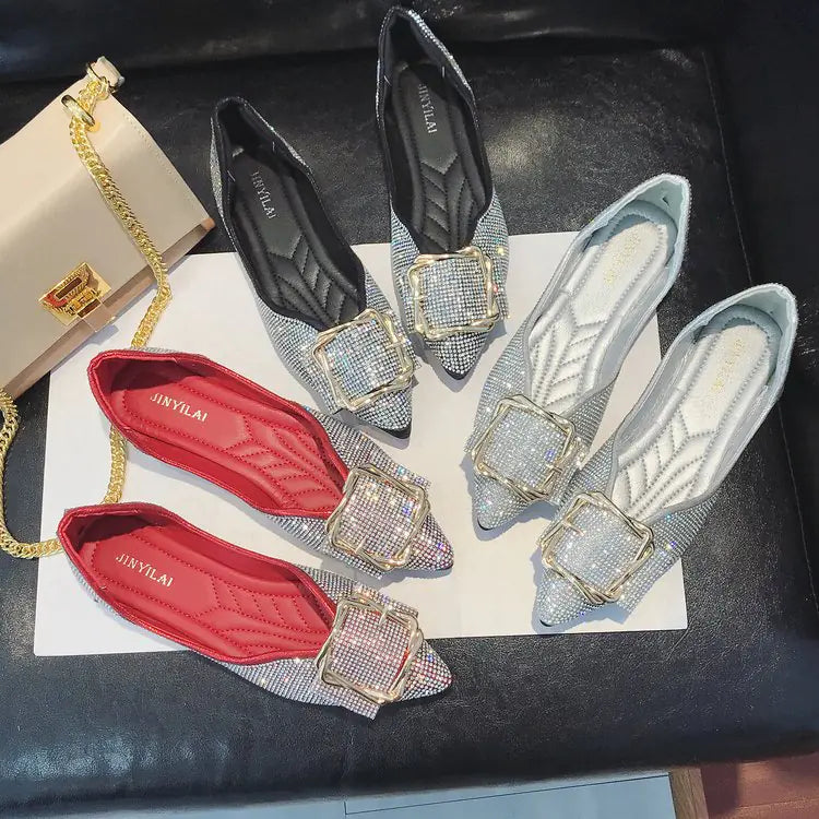 Style Pointed Toe Rhinestone Flat Shoes