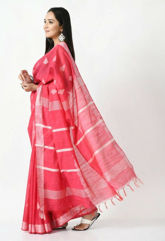 Rose Pink Handloom Silk Saree with All Over Buti and Blouse Piece