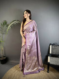 Lavender soft satin silk Kanchipuram saree with floral and ethnic motifs