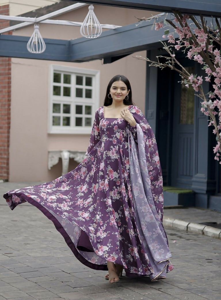 Wine faux georgette floral digital printed Anarkali dress with matching dupatta