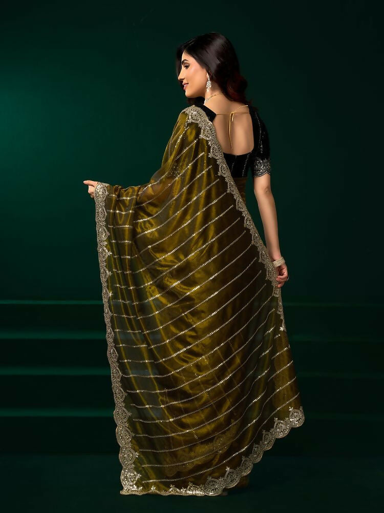 Mehendi Green Net Party Wear Saree with Velvet Blouse