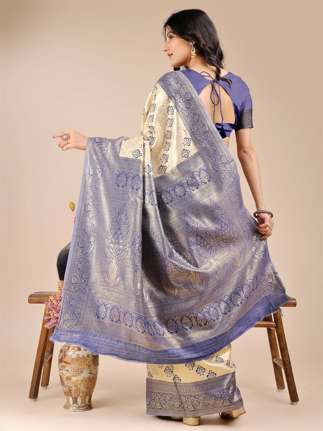 Cream and Navy Blue Banarasi Silk Saree
