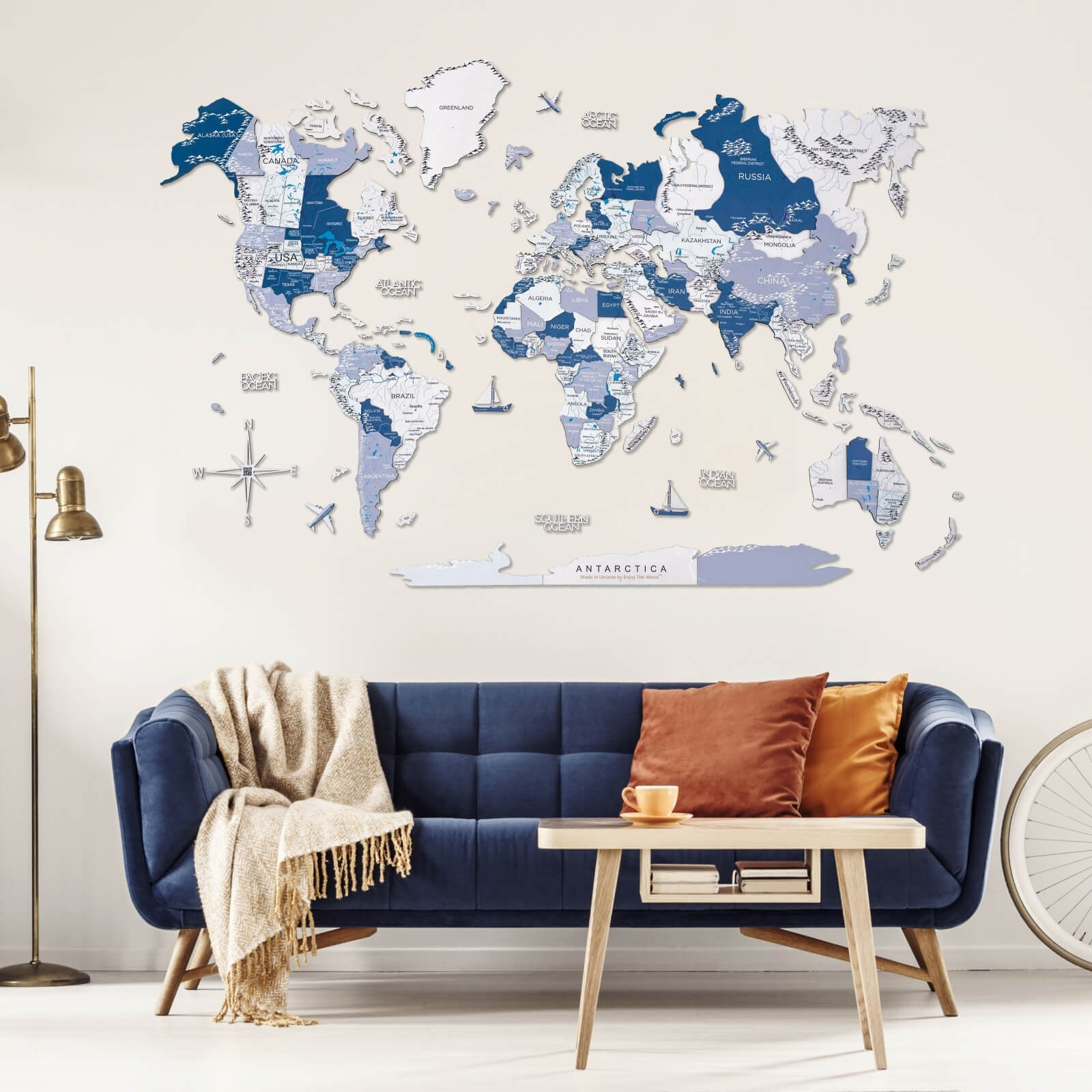3D Wooden World Map in Aqua Shades for Coastal Wall Decor