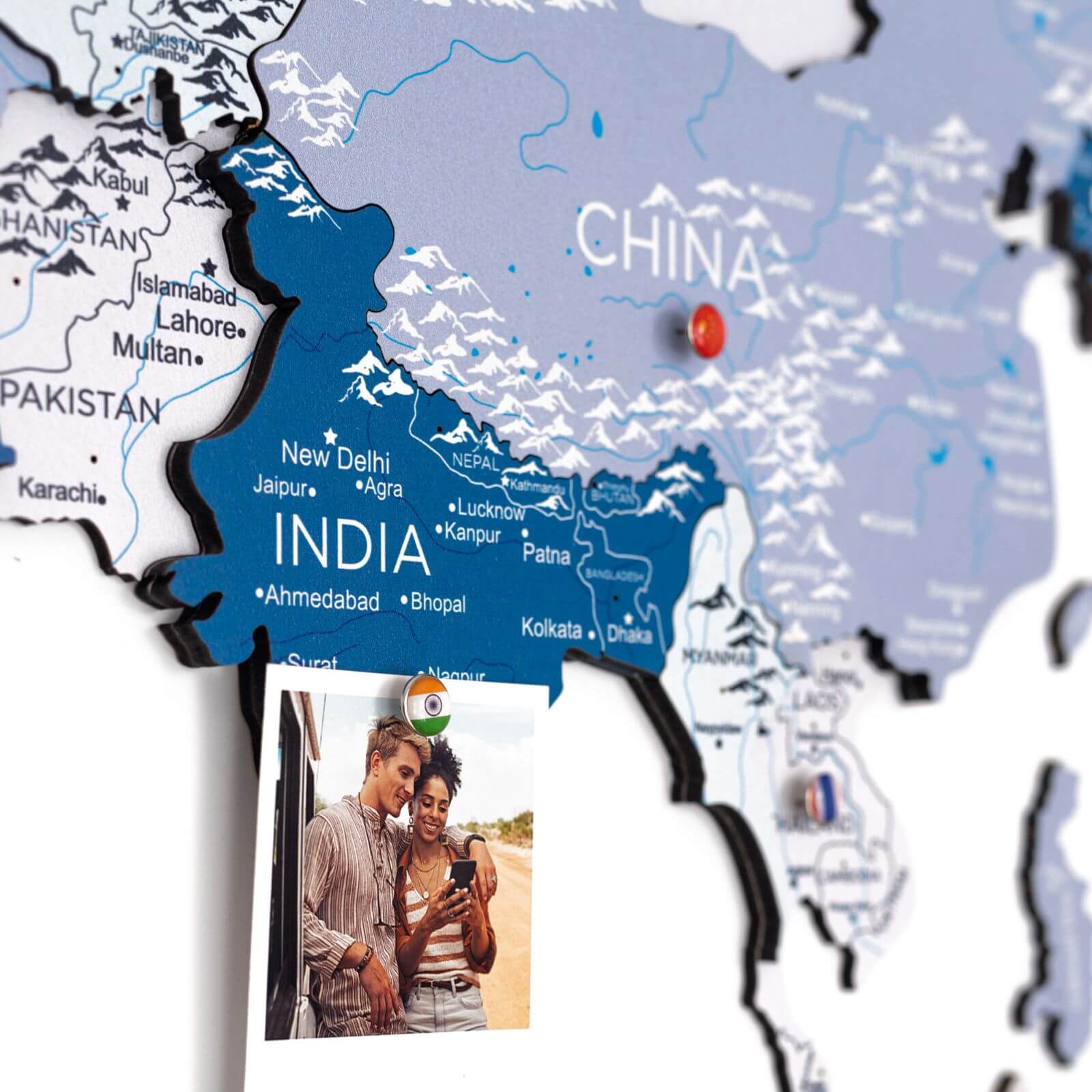 3D Wooden World Map in Aqua Shades for Coastal Wall Decor