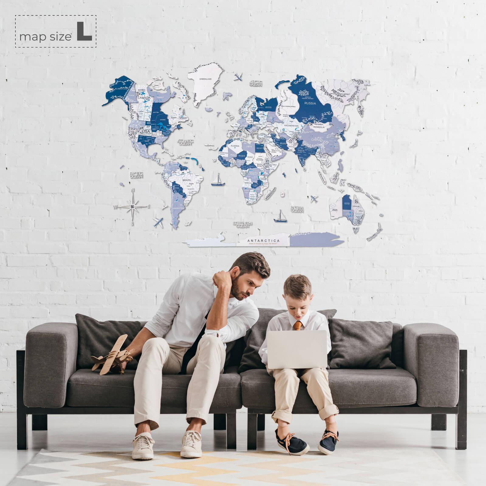 3D Wooden World Map in Aqua Shades for Coastal Wall Decor