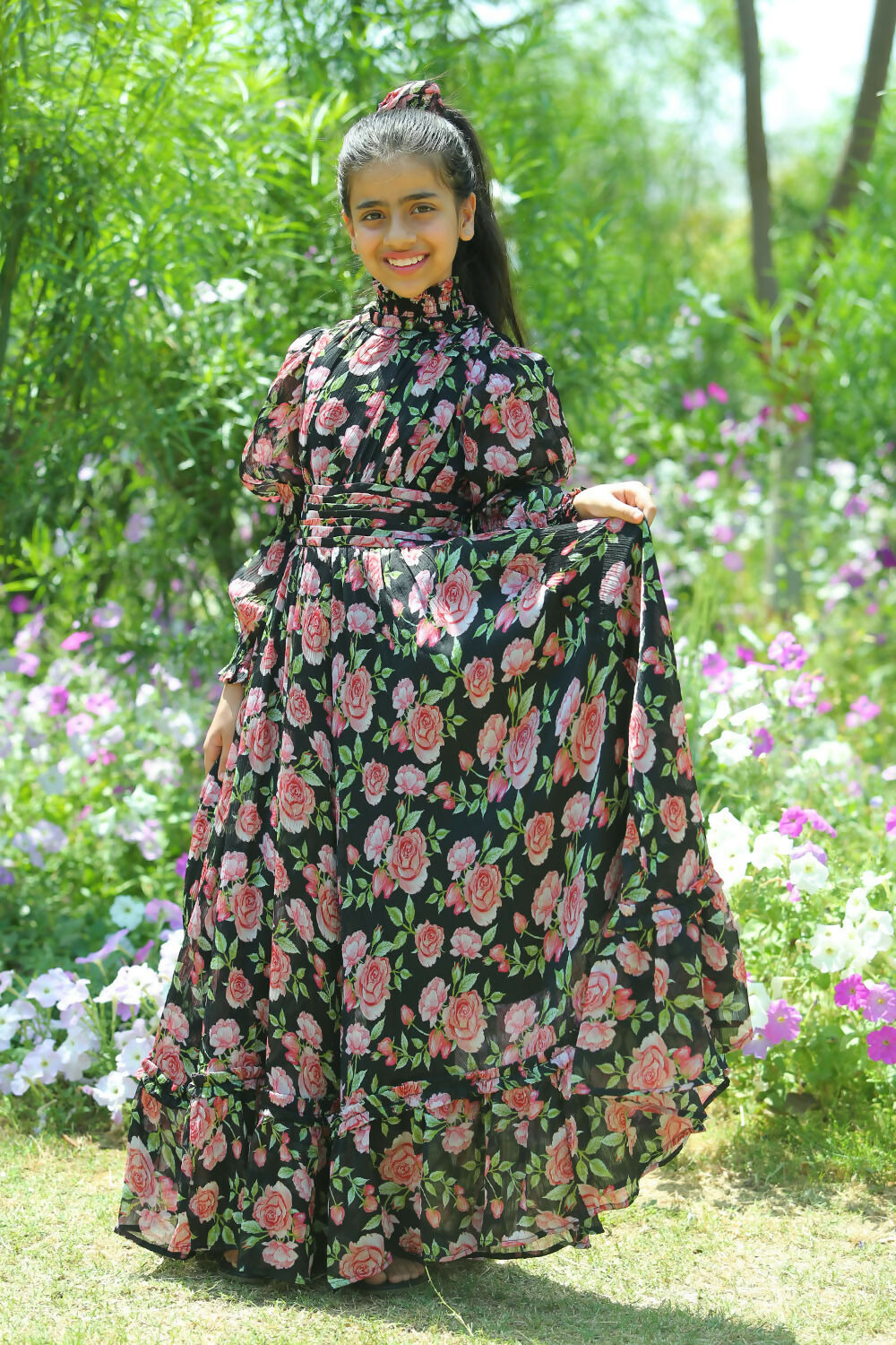 Girls Black Chiffon Maxi Dress - Elegant Flared Shirred Runway Rose