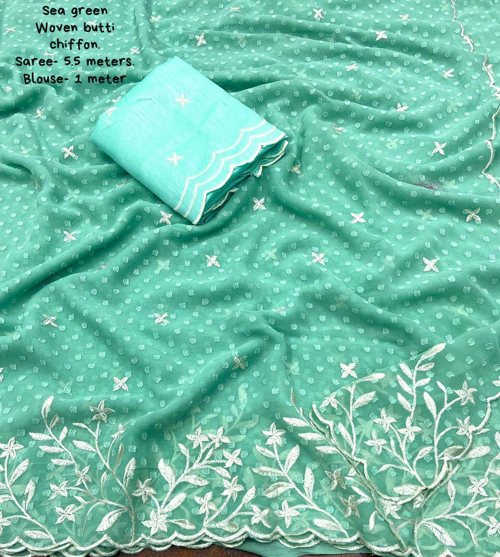Sky Pure Chiffon Woven Design Saree with Embroidered Blouse