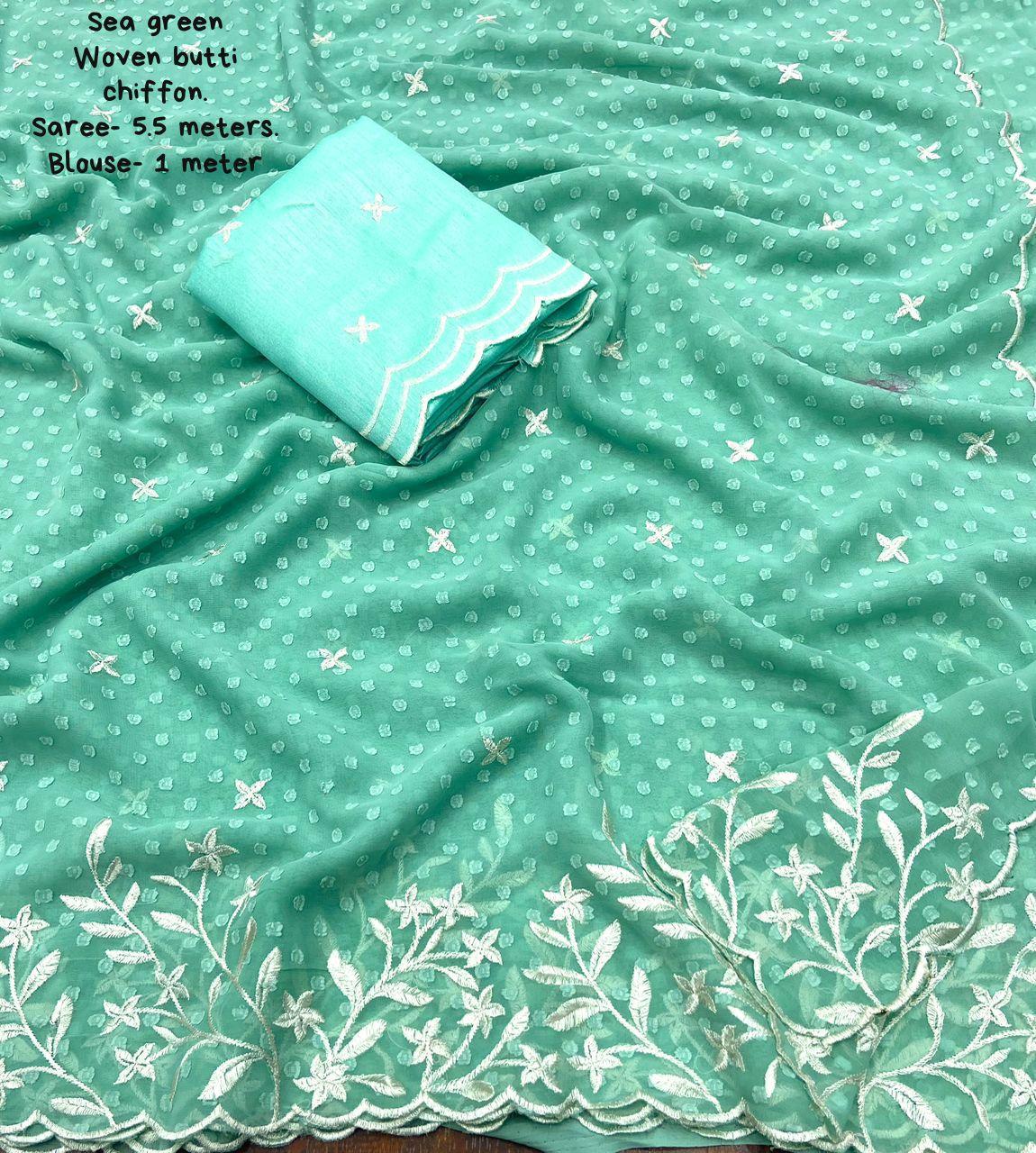 Sky Pure Chiffon Woven Design Saree with Embroidered Blouse