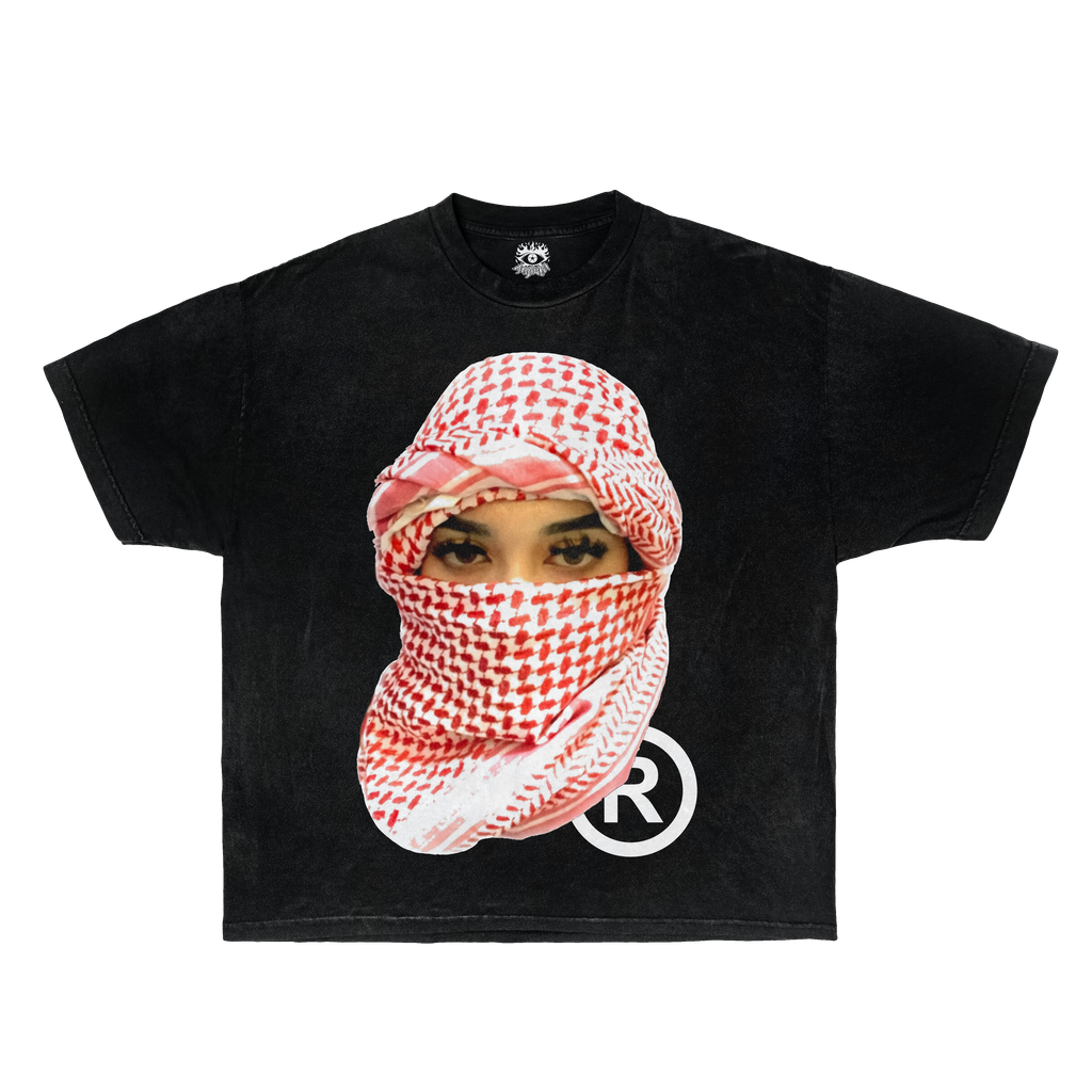 Black short sleeve streetwear t-shirt with a graphic of an Arabian woman wearing a red and white checkered headscarf.