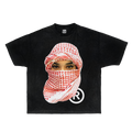 Black short sleeve streetwear t-shirt with a graphic of an Arabian woman wearing a red and white checkered headscarf.