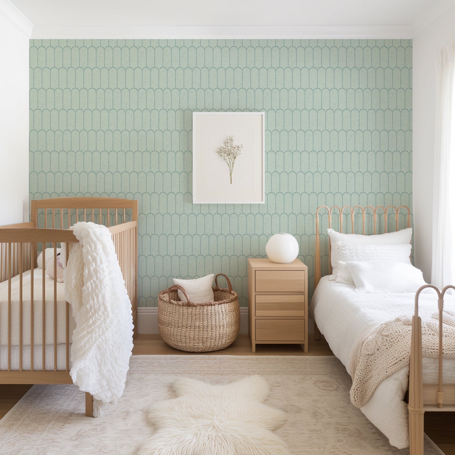 Modern Felix geometric wallpaper in mint green, dark grey, and beige shades.