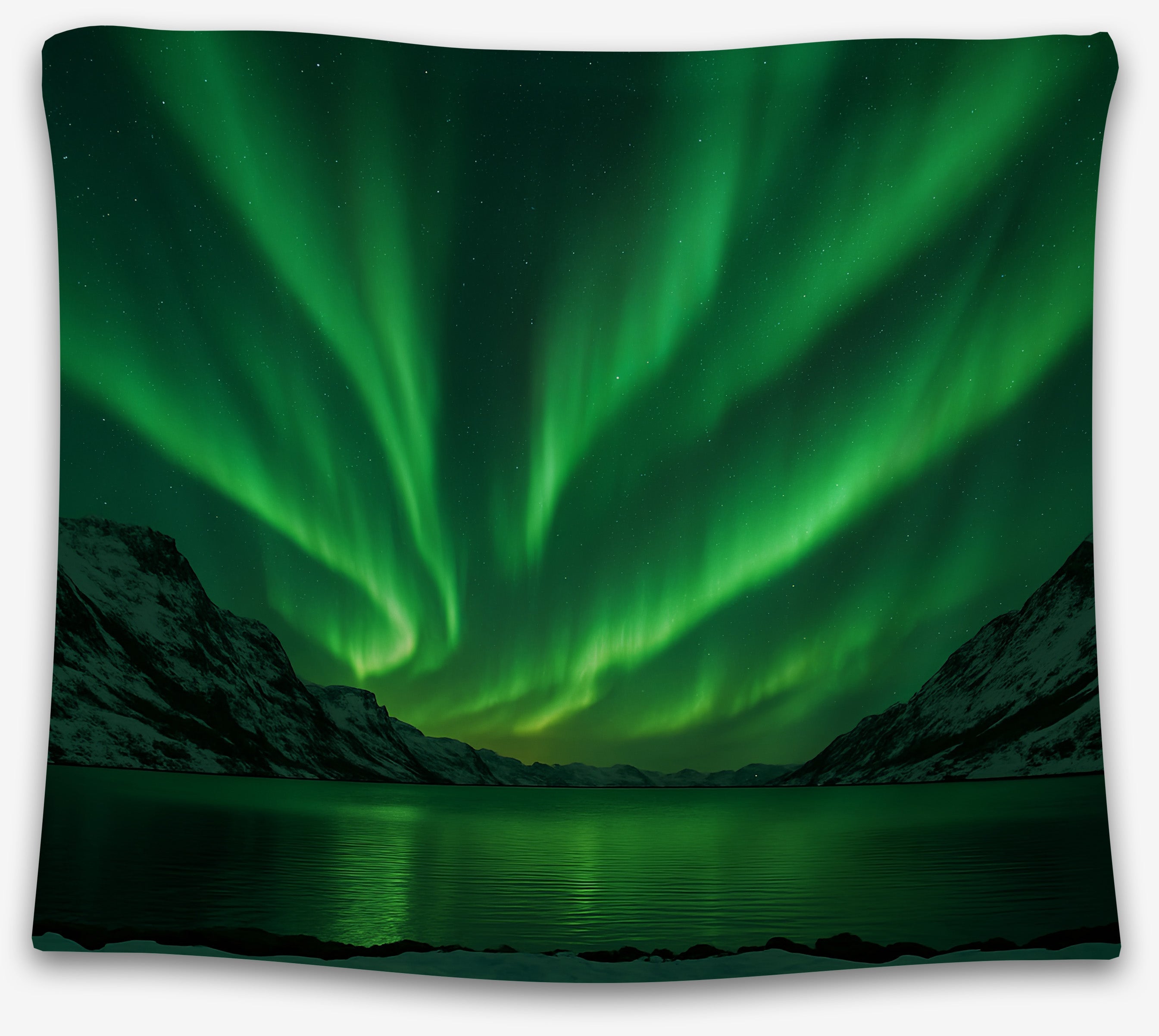 Arctic Bloom tapestry showing a green aurora reflection over mirrored water and mountains.