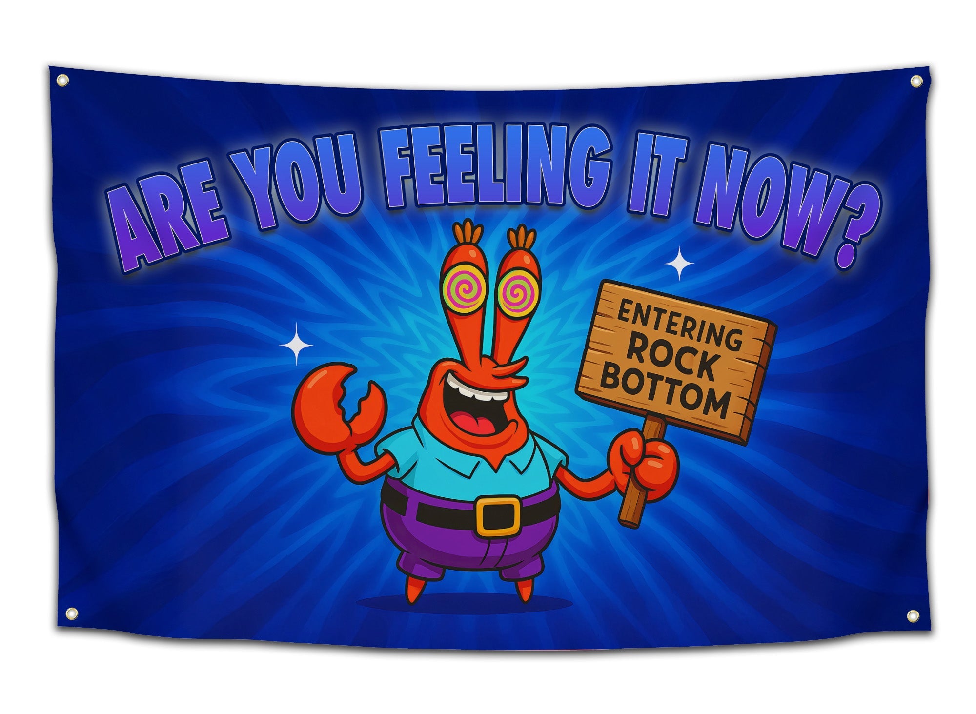 Trippy blue and red wall flag featuring a crab with an Entering Rock Bottom sign.