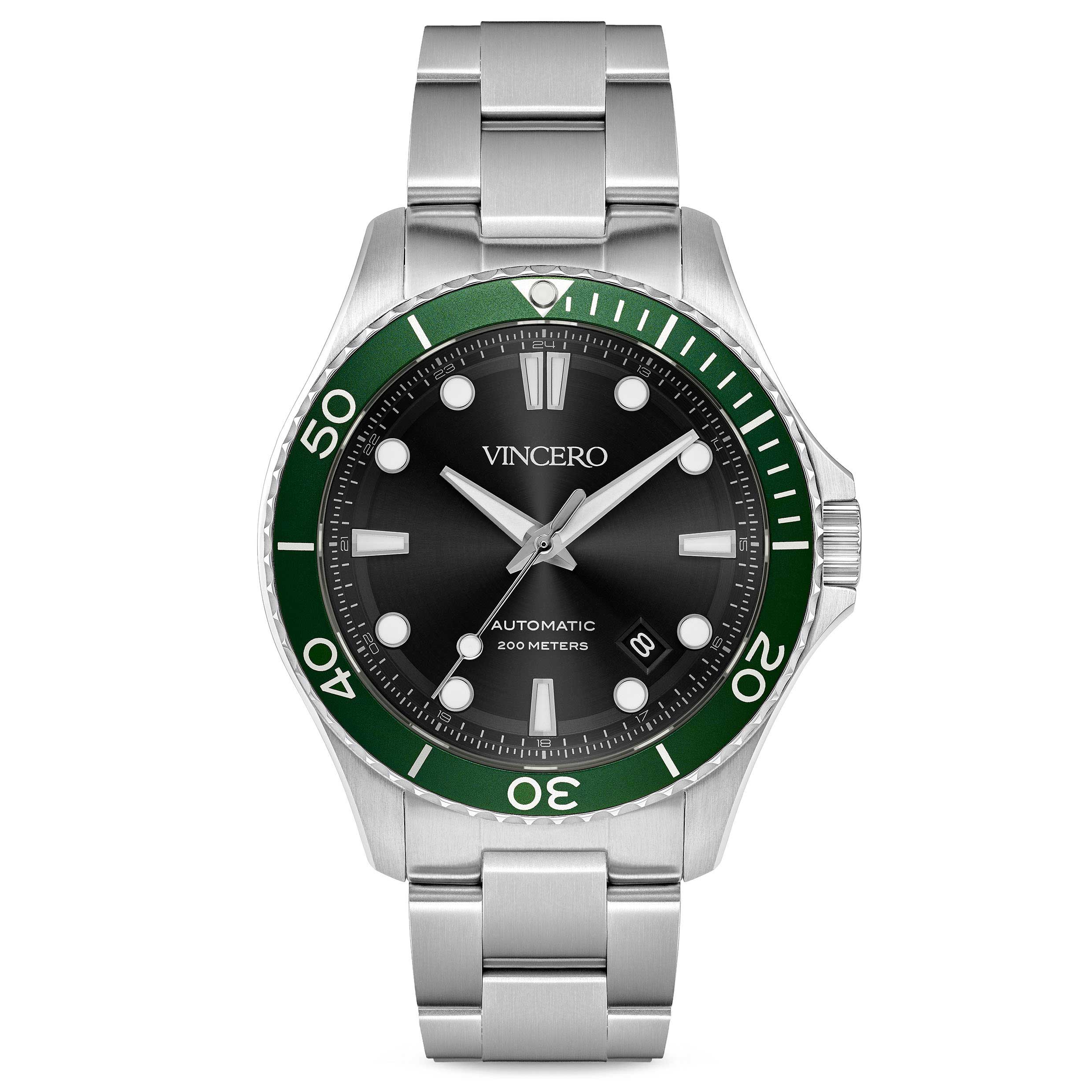 The Argo Automatic diver watch with green face and silver stainless steel case