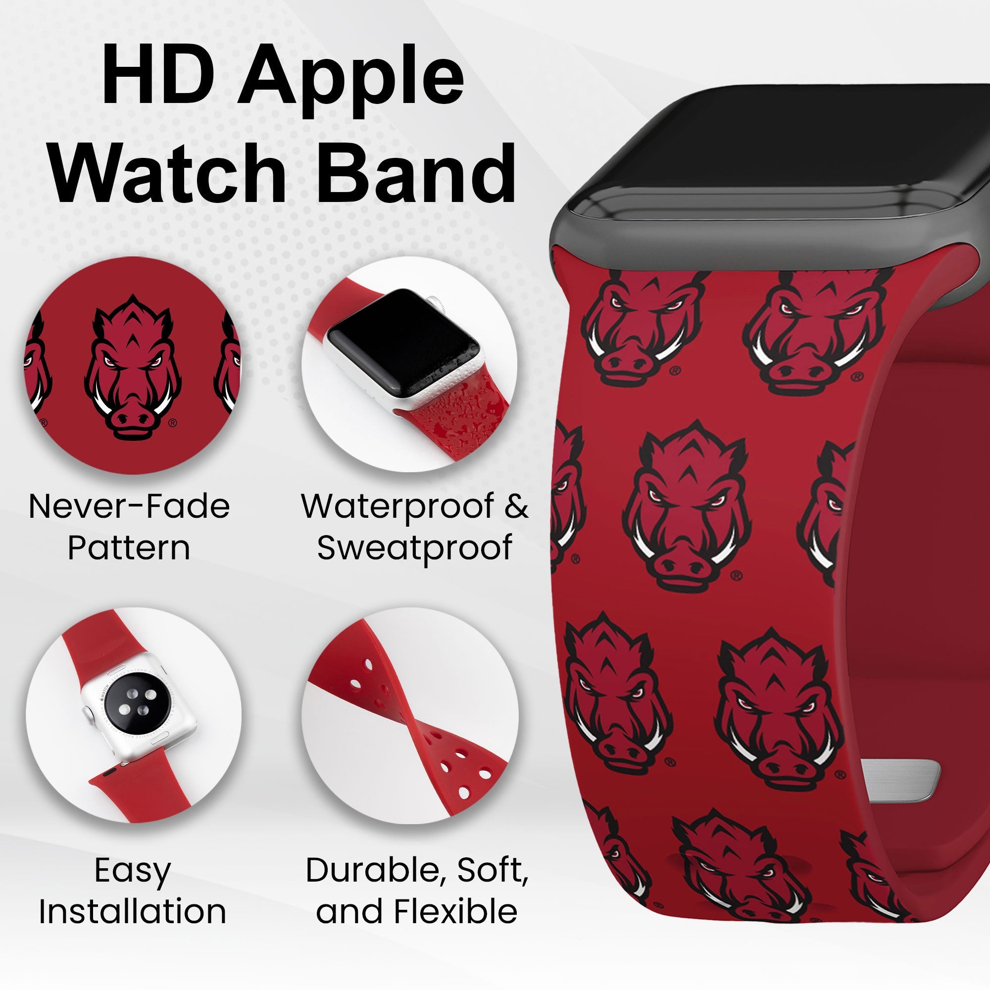 Arkansas Razorbacks HD Apple Watch Band Sports Silicone Strap