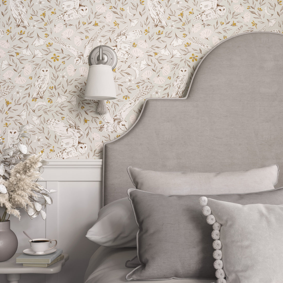 Artemis wallpaper featuring modern-farmhouse patterns in beige, ochre-yellow, and brown tones.
