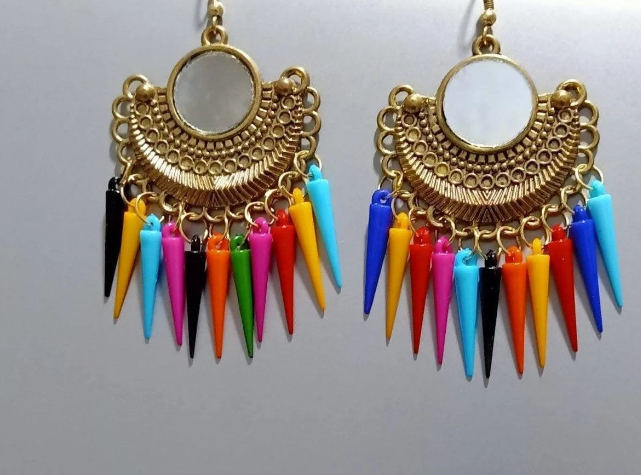 Half moon shaped oxidized brass drop earrings with multi-color detail