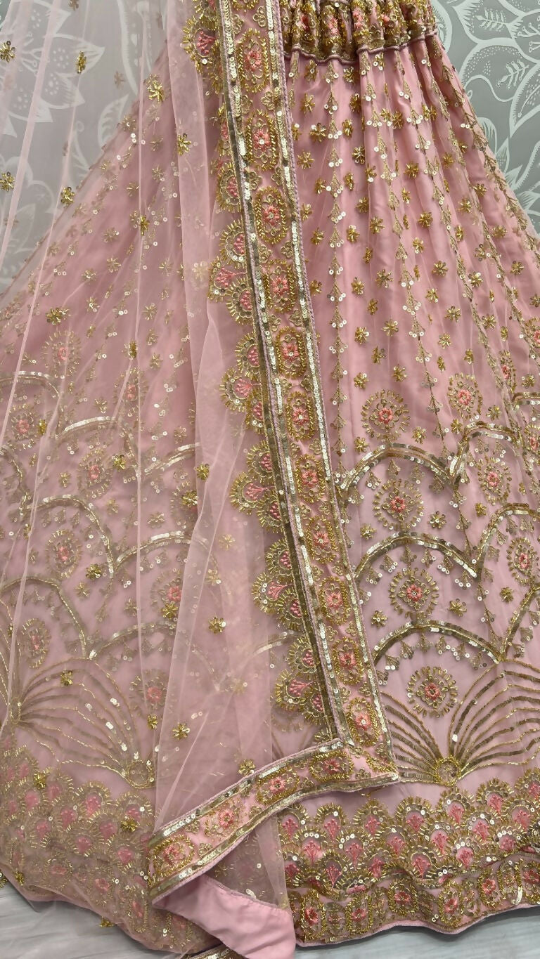 Pink Bridal Net Lehenga Choli with Handwork and Sequins