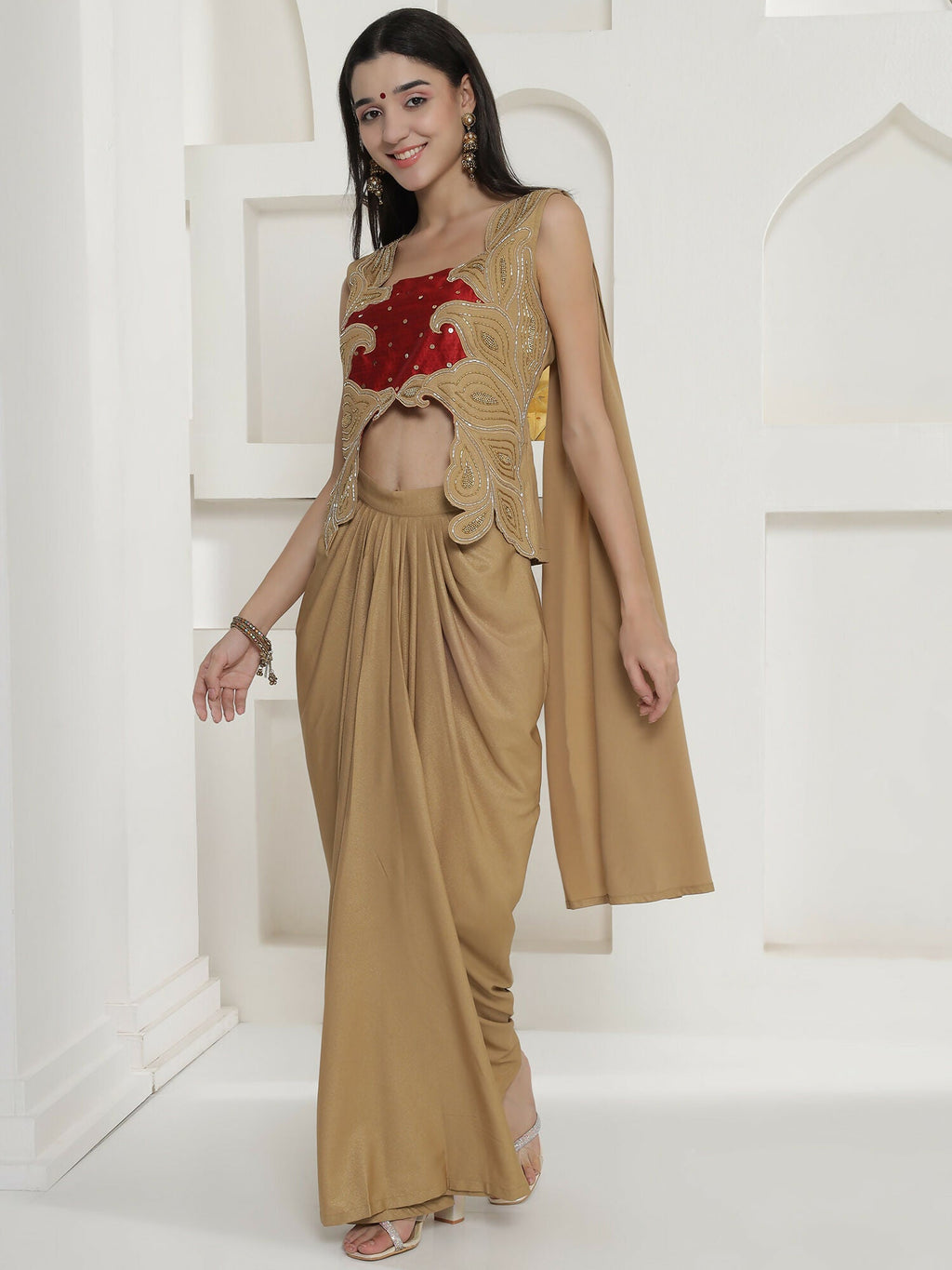 Golden Shimmer Chinnon Skirt Set with Hand Embellishment