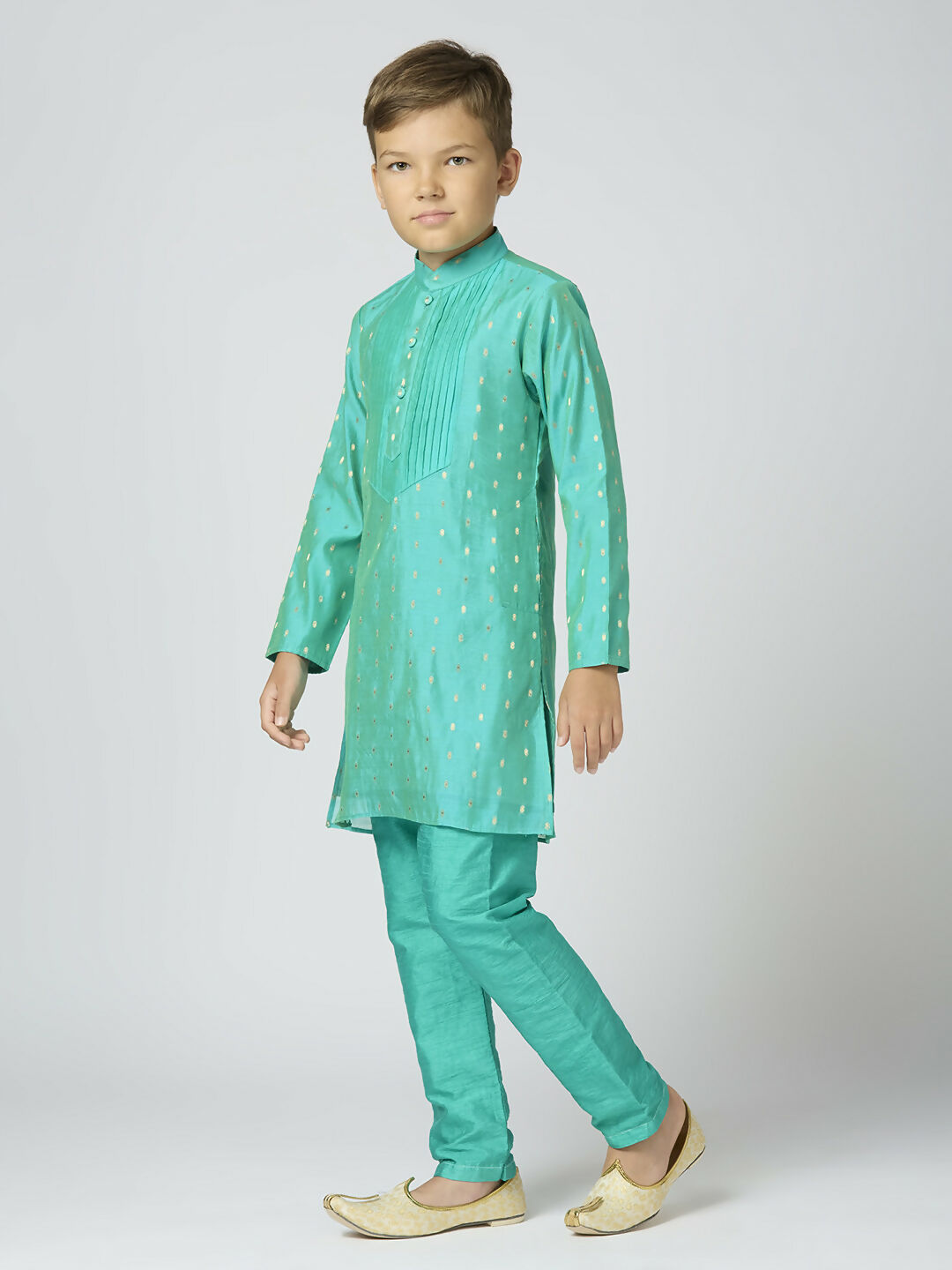 Boys Sea Green Chanderi Kurta and Pyjama Set with Butta Work